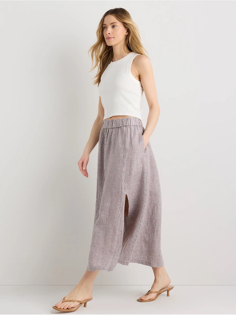 Quince 100% European Linen Maxi Skirt, Taupe Brown Gingham, Size Small - Picture 2 of 4